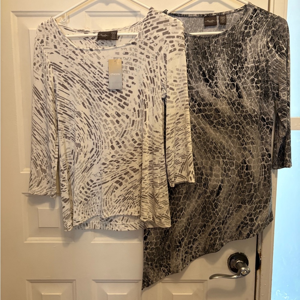 Elegant Women's Abstract Pattern Blouses - Cream and Gray